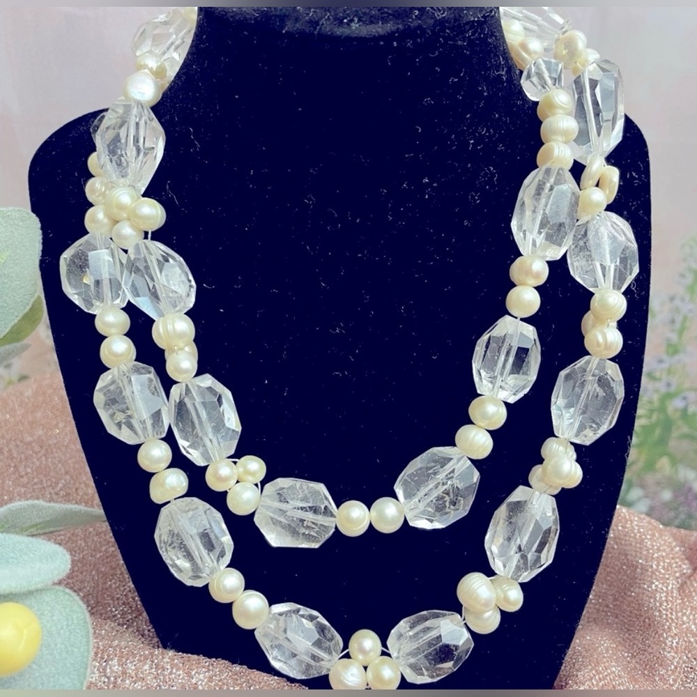 Striking Real Pearl and Crystal Handmade Necklace